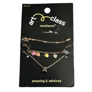 Art Class 3 Piece Necklace Set Gold Tone Initial A Charm Rainbow Hearts‎ Layered